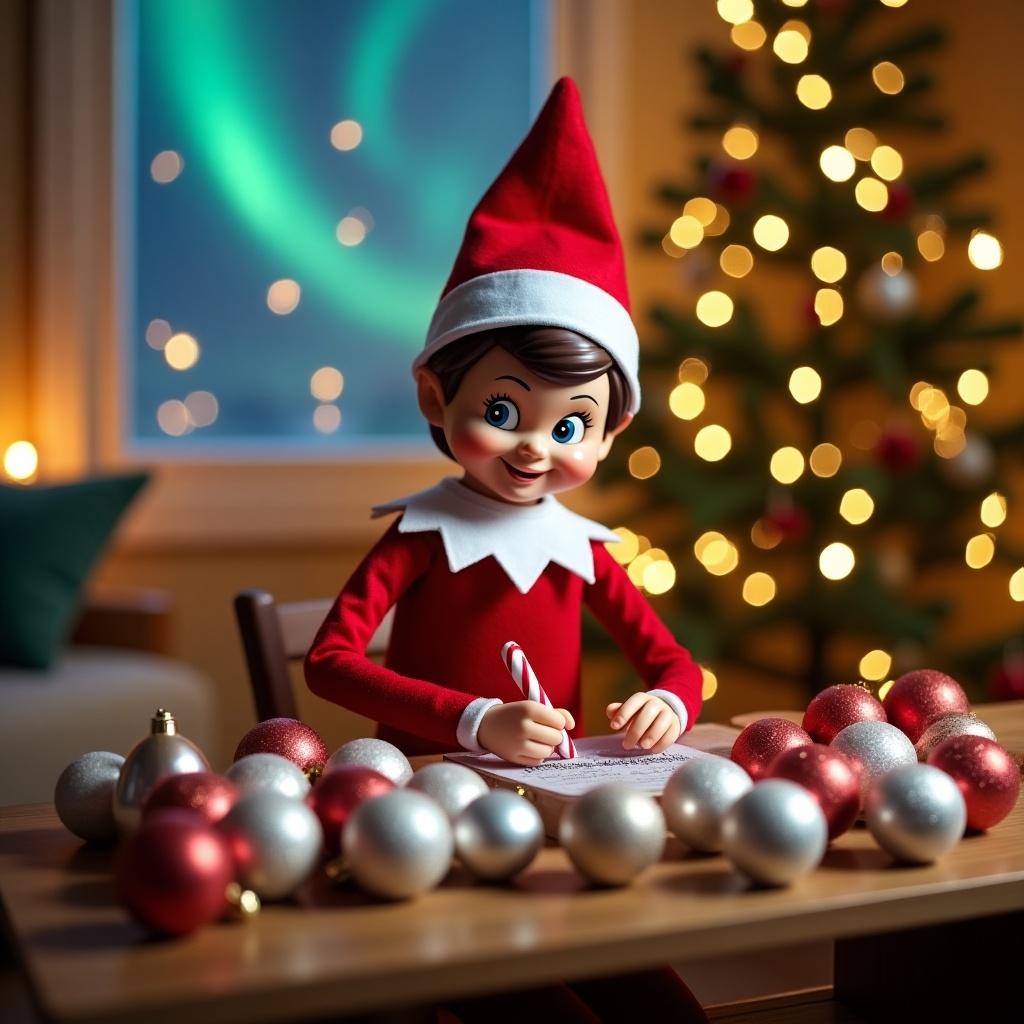 A Christmas elf in red attire writes names on baubles. The elf is cheerful and sits at a wooden table with holiday decorations. A softly lit Christmas tree with lights is in the background. Northern lights are visible. The elf holds a candy cane. This scene conveys holiday excitement and joy.