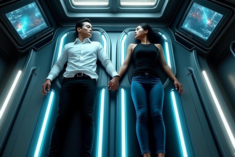 Top-down view inside a sleek futuristic spacecraft with dim ambient lighting. Two stretchers with glowing blue light strips hold a man and a woman. The man in a white shirt with black pants, the woman in a black sleeveless shirt and blue jeans. They are asleep, holding hands, with a peaceful expression against a sci-fi backdrop with metallic walls and starfield glimpses.