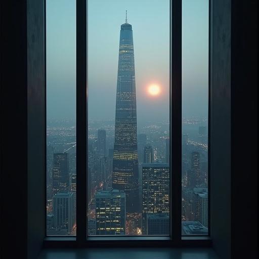 A glass skyscraper stands tall within a dark city without electricity. The scene is framed by a large window. A soft sunset glows in the background, illuminating the skyscraper.