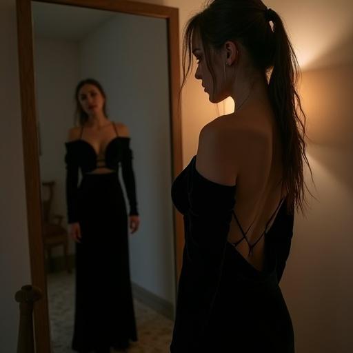 A woman stands in front of a full-length mirror. She wears a long black velvet dress. The dress is too long, and she tugs at the hem. Her bare feet shift on the cold floor. Soft light from a lamp creates gentle shadows. She gazes thoughtfully at her reflection. Stray hairs fall from her ponytail. The atmosphere feels thick with quiet hope.