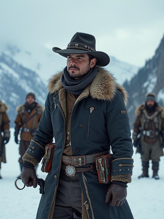 Handsome Latino man in winter attire stands in the snow. Bandits appear in the background. Snowcapped mountains create a dramatic setting. Man displays confidence with gun at the ready.