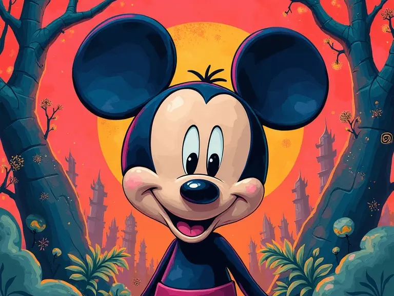 Disney cartoon featuring a vibrant and geometric abstraction of a cartoon character. The character has large iconic ears and a cheerful smile. The background is filled with intricate details inspired by neonpunk aesthetics and fantasy landscapes.
