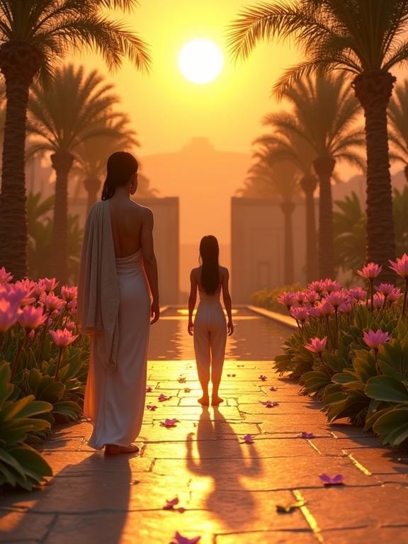 Screenshot from a virtual reality game. First-person view in an ancient Egyptian palace garden during golden sunset. Stone path surrounded by blooming lotus flowers and palm trees. Look down at bare feet on sun-warmed stone. Hands reach out to soft flower petals nearby. Orange sky reflects in pond ahead. Warm breeze moves through reeds. Shadows from palm leaves dance across lap and ground. Ultra-realistic, immersive VR POV, ancient Egyptian garden setting, cinematic glow, no third-person.