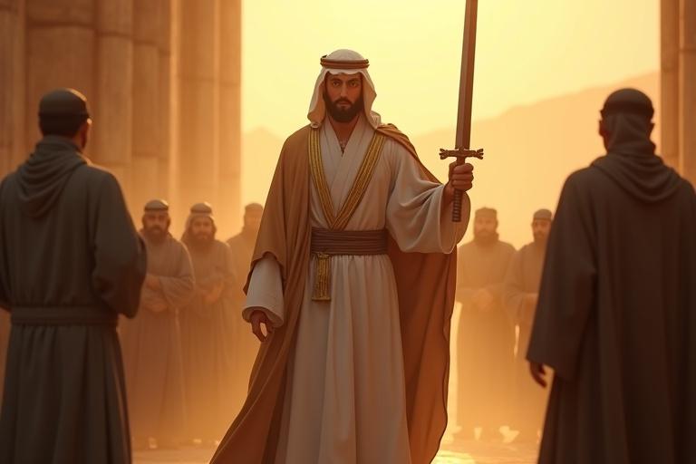3D rendering of a historical scene depicting a leader standing between a tyrant and a weak person. Commanding body language and fierce expression. Eyes focused. Sunlight creates a golden backdrop.