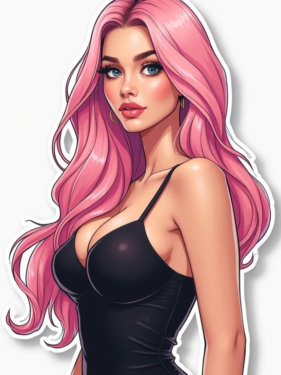 Beautiful woman with shoulder long pastel pink hair. She is wearing a black dress. Colorful sticker illustration style.