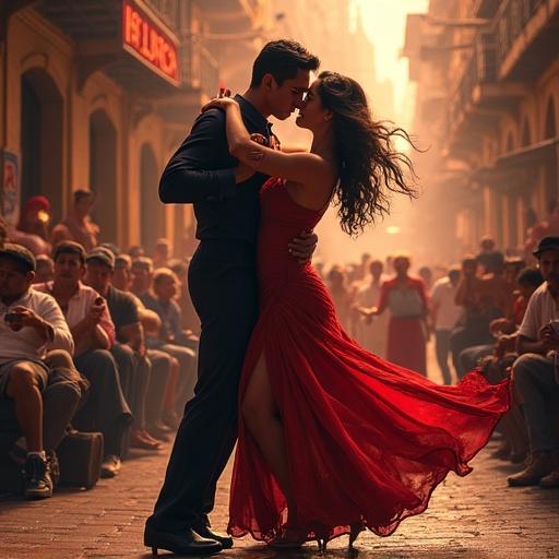 Image of a couple dancing salsa passionately on a street filled with people. One person wears a red gown. The atmosphere feels romantic and aligned with Cuban culture, featuring the Cuban flag subtly.