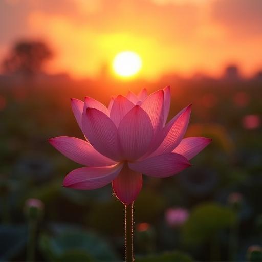 Lotus flower with sun rising behind giving illusion of sun coming out of the flower.