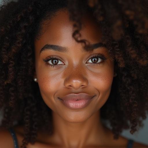 19 years old African American young woman with brown skin and hazel eyes. Notable features include freckles and full lips. Hair is thick and curly. Image captures beauty and youth.
