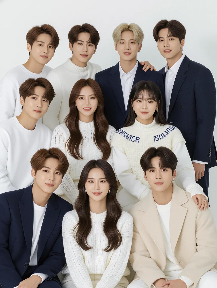 Group photo of 10 individuals in an elegant setup. Subjects wearing coordinated outfits in white and blue tones. Smiling and posing together in two rows.