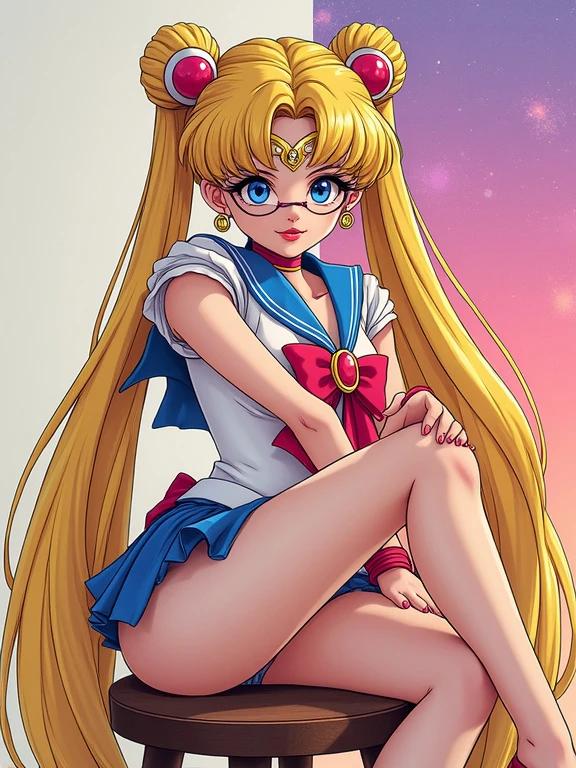 Depiction of an attractive anime character in a Sailor Moon cosplay. She has a tight mini dress and glasses. Long hair with big bright eyes. Sitting on a stool with a colorful abstract backdrop. Ultra-detailed illustration signed by the artist.