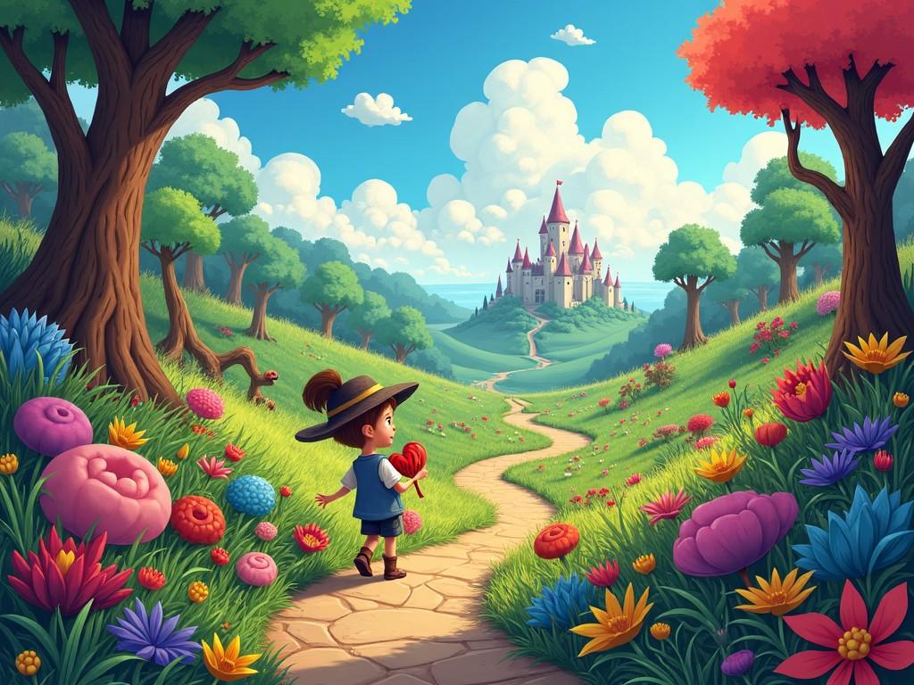 A whimsical scene depicting a child walking along a winding path toward a beautiful castle. The child holds a large lollipop and wears a wide-brimmed hat. Surrounding the path are vibrant, oversized flowers and trees in lush greens. In the distance, the fairy tale castle rises majestically against a bright blue sky filled with fluffy white clouds. The atmosphere is cheerful and inviting, creating a sense of adventure and wonder.