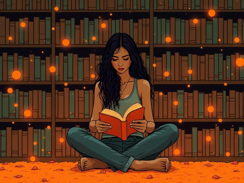 A serene and enchanting illustration portrays a woman engrossed in a book, sitting cross-legged on a warmly-lit library floor. The background features tall bookshelves lined with an array of books, while glowing orbs float gently, creating a magical ambiance. Her expression reflects concentration and joy as she is immersed in her reading amidst this calming, otherworldly setting.