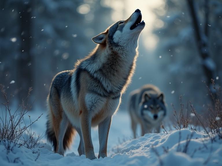 Wolves standing in a snowy landscape. One wolf howling into the distance. Another wolf is in the background. Soft snowfall in the air. The scene is peaceful yet dramatic.
