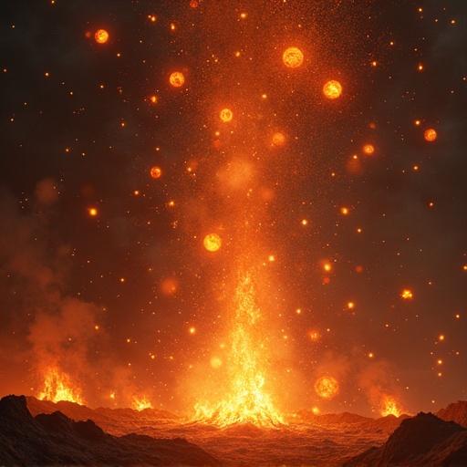 Magical firestorm features numerous small fireballs falling from the dark sky. Each fireball glows with orange, red, and golden flames. They vary in size and shape, trailing sparks and smoke. Some have magical auras or runes. The night sky fills with glowing streaks that cast light on the landscape. The ground shows chaos with scorched earth, glowing impacts, and rising embers. Fireballs are caught mid-fall and near impact, creating motion. The scene is intense and apocalyptic with high contrast lighting.