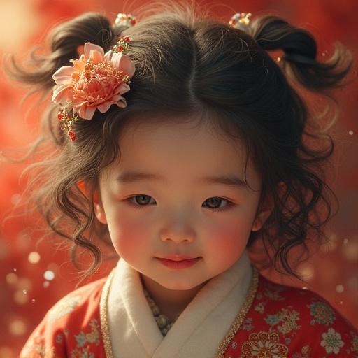 A portrait of a young girl in traditional clothing with a flower accessory. She has lovely curly hair and is smiling gently. The background is softly blurred to create a cozy and dreamy atmosphere.
