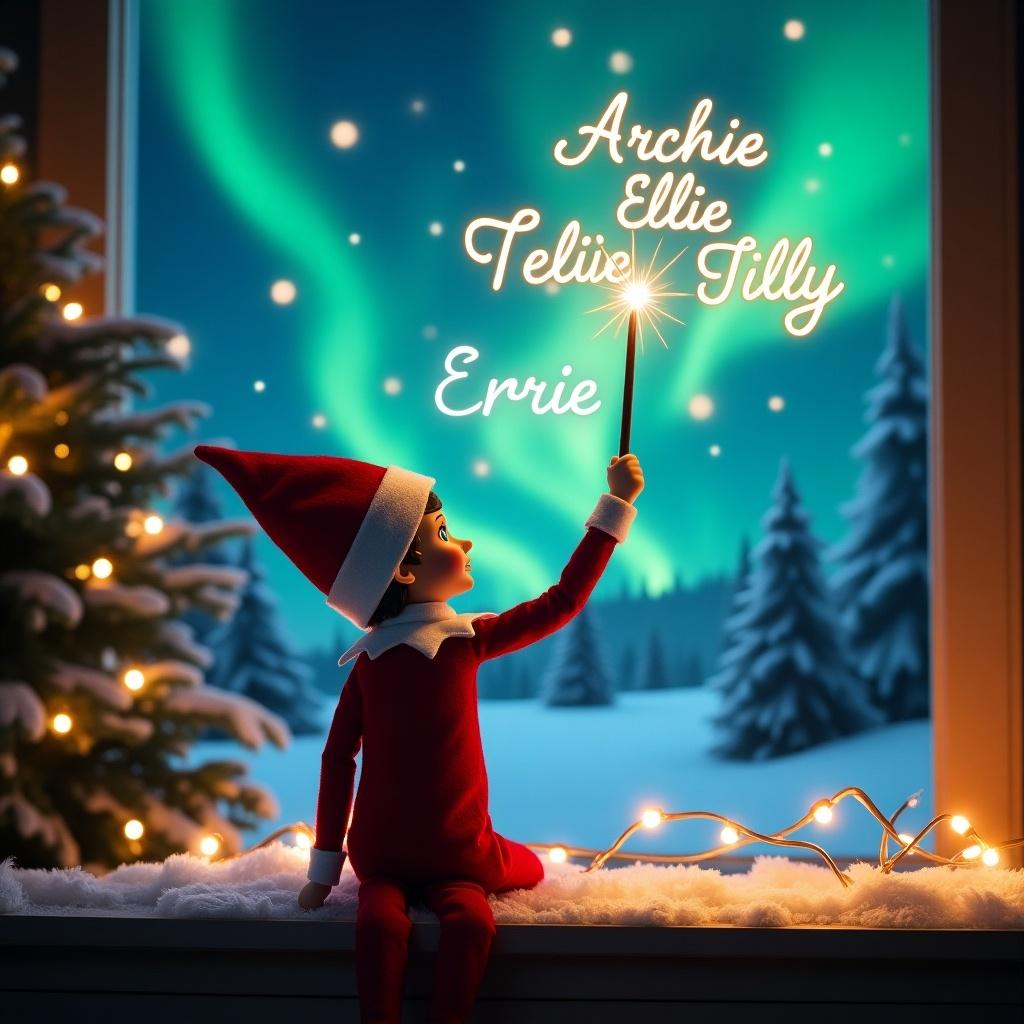 An enchanting Christmas scene features an elf on the shelf, facing the sky with his back to the viewer. The elf is dressed in traditional red and white attire, holding a glowing magic wand. Above him, the names 'Archie', 'Ellie', 'Tilly', and 'Marnie' are beautifully written in a shimmering script. The backdrop is filled with vibrant northern lights, creating a magical atmosphere. The setting is festive, embracing the spirit of Christmas with a whimsical twist, evoking feelings of wonder and excitement for the holiday season.