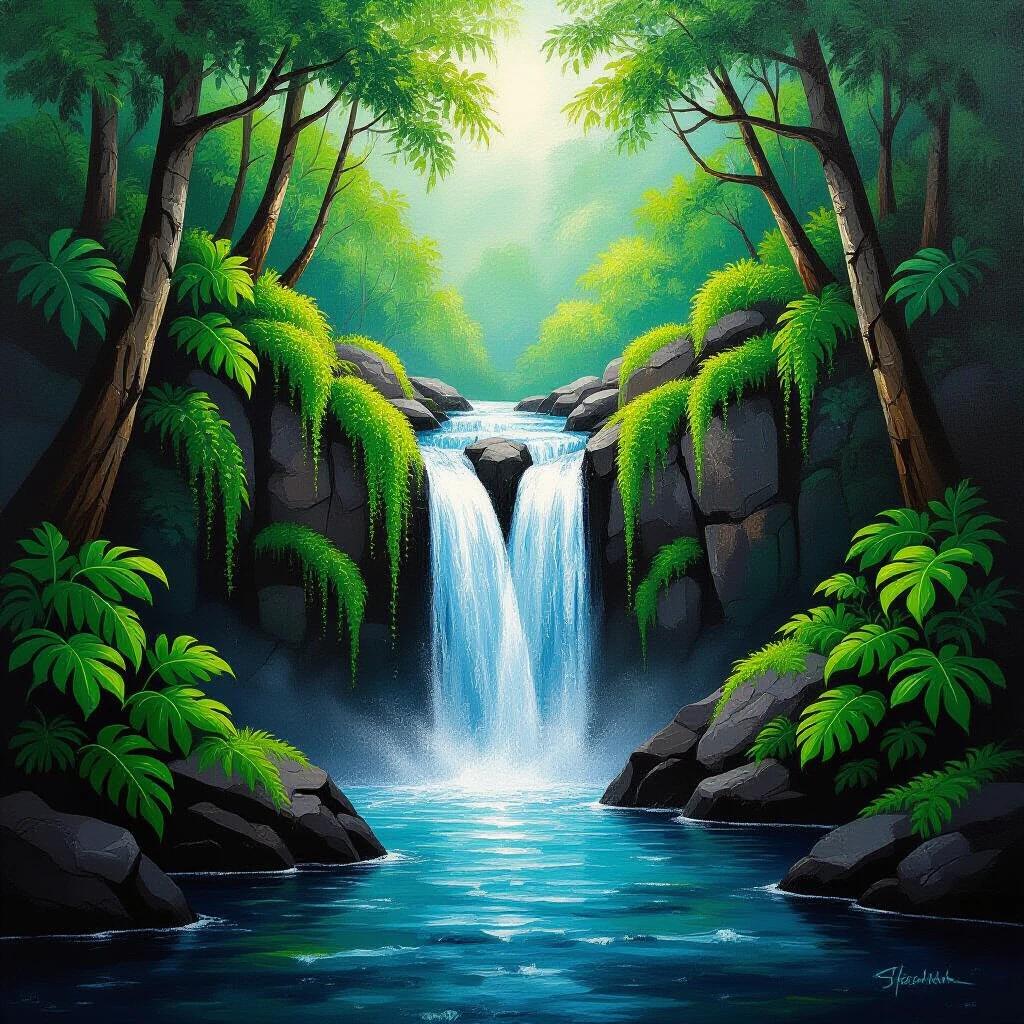 Waterfall hidden between green vegetation and black rocks. Oil painting style. Scenic natural landscape.