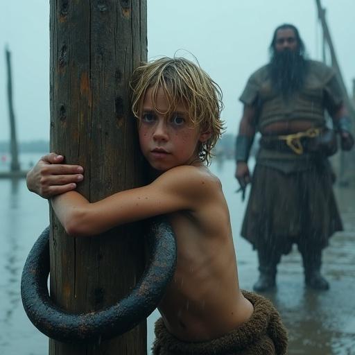 A still from a mythical fantasy film. A 10-year-old Germanic boy with messy blond hair is on a weathered dock. He grips a wooden piling and an iron ring. Rain drips down his face. He wears a simple loincloth and is wet and muddy. A fat merchant stands in the background with a whip. The day is grey and rainy, with a muted color scheme.