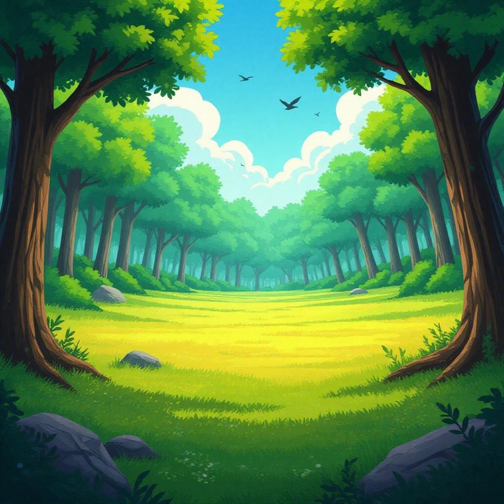 Create a scene of an empty battlefield land with deep forest trees in the background. The style is anime with a bird's eye view, set in a fantasy world, and contains no characters.