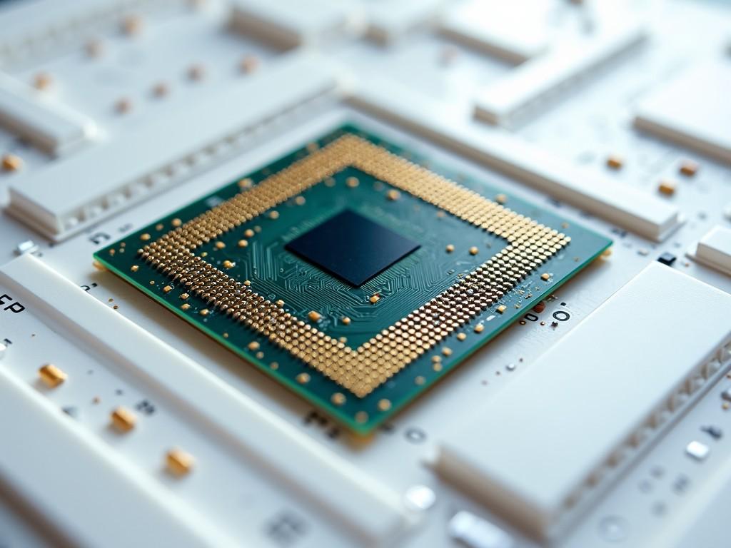 This image features a close-up view of a CPU computer chip, prominently displayed on a clean, white motherboard. The chip is detailed with intricate gold pins that connect to the motherboard. The green color of the chip contrasts nicely against the white background, highlighting its importance in computer architecture. Various electronic components are faintly visible in the background, emphasizing the complexity of the technology. The image demonstrates the advanced design and engineering of modern computer hardware.