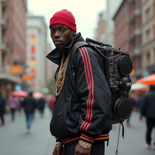 80s Black American Hip Hop individual wearing a Kangol hat and bling jewelry. Dressed in an Adidas sports outfit and sneakers. Carrying an iconic 80s boombox on the shoulder. Depth of field effect. Urban 80s city background. Highly detailed editorial pop culture photo.