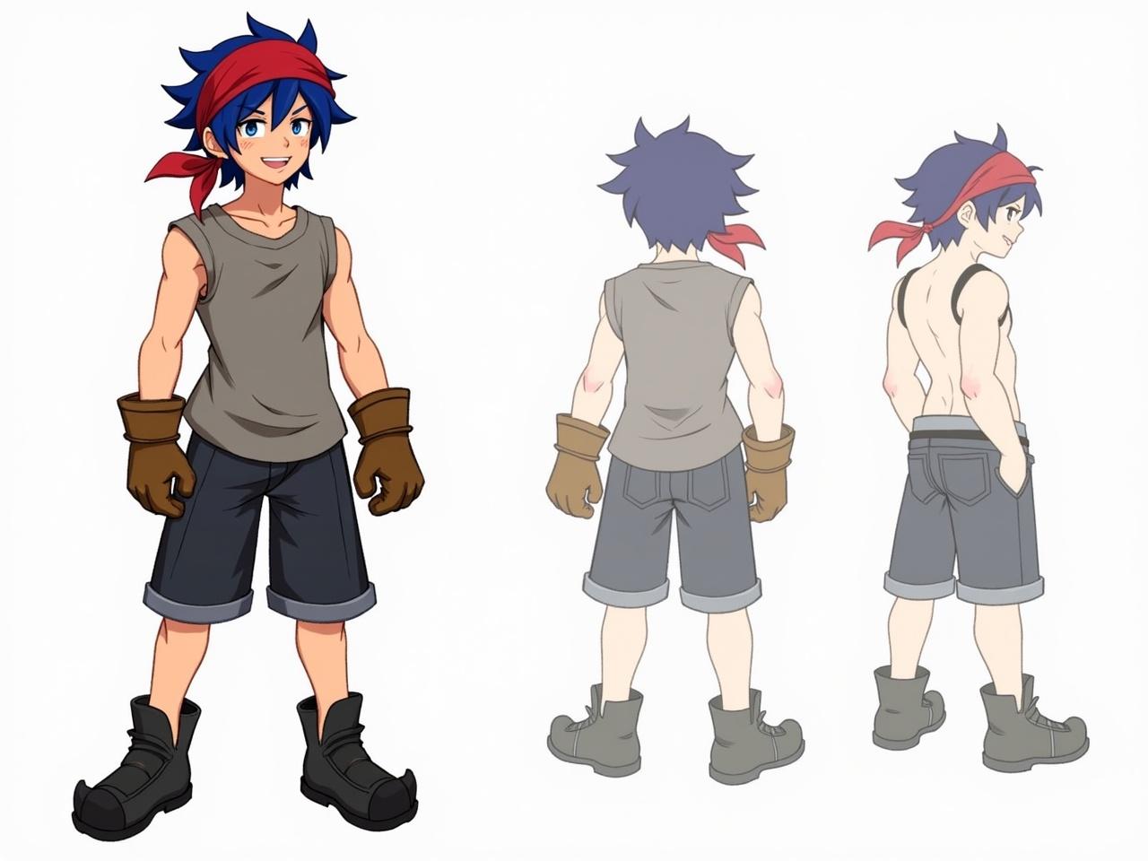 The image shows a character with a vibrant style. This character has short, messy blue hair and wears a red bandana. They are dressed in a loose, gray vest, and dark shorts that come down to mid-thigh. The character's arms are muscular, and they have a rugged appearance. They wear brown gloves and distinctive black shoes with rounded toes. There is a belt around their waist, adding to their adventurous look.