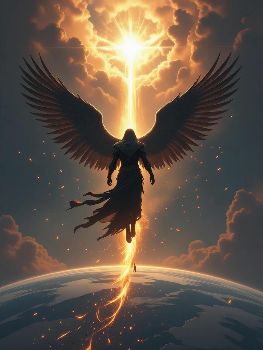 A lone figure named Sariel falls through the sky enveloped in light and ash. The figure has tattered wings presenting a dramatic descent. Earth appears as a distant orb underneath. A fiery trail of feathers follows him. The heavens exhibit a glowing portal above. This artwork captures the essence of ultra-realistic fantasy with high drama and vivid scale.