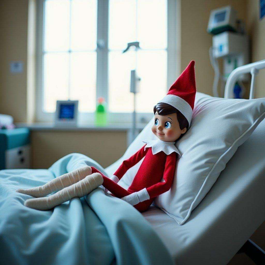 Elf on the Shelf with brown eyes in hospital bed at North Pole. Legs and arms covered with bandages. Hospital room has medical equipment. Soft light through the window. Calm atmosphere in pediatric ward.