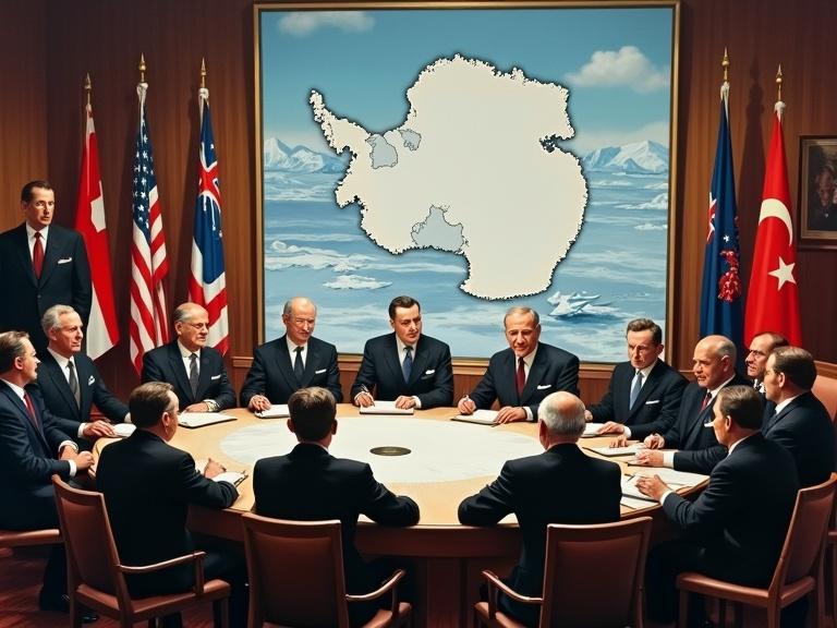 Historic scene depicting 12 nation delegates signing the Antarctic Treaty in 1959. Large table with a map of Antarctica in the center. National flags in the background. Atmosphere captures diplomacy and Cold War tension. Formal clothing from the mid-20th century. Warm indoor lighting contrasts with icy landscape outside. Realistic historical painting style with a 16:9 aspect ratio.