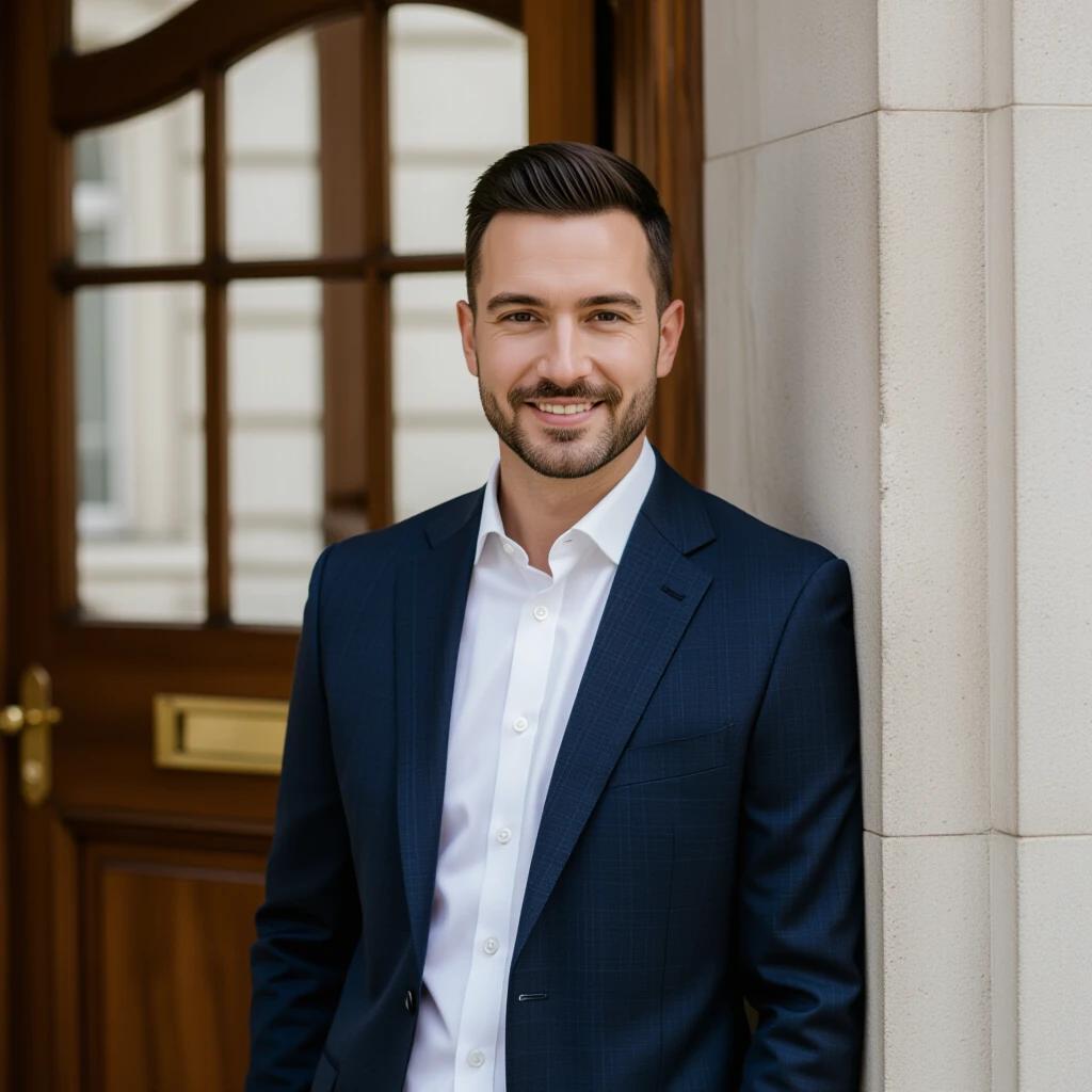 A man in professional attire stands in front of a wooden door. He smiles confidently. The setting has modern architecture.
