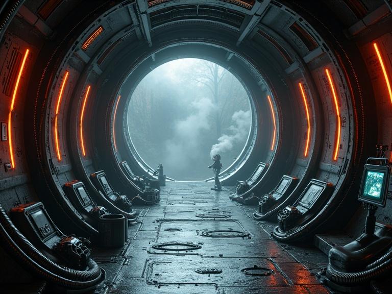dark atmospheric interior of an alien ship with round bridge and flexible pipes. Focus on metallic textures and lighting effects. Character in the foreground. Scenery includes steam and monitors.