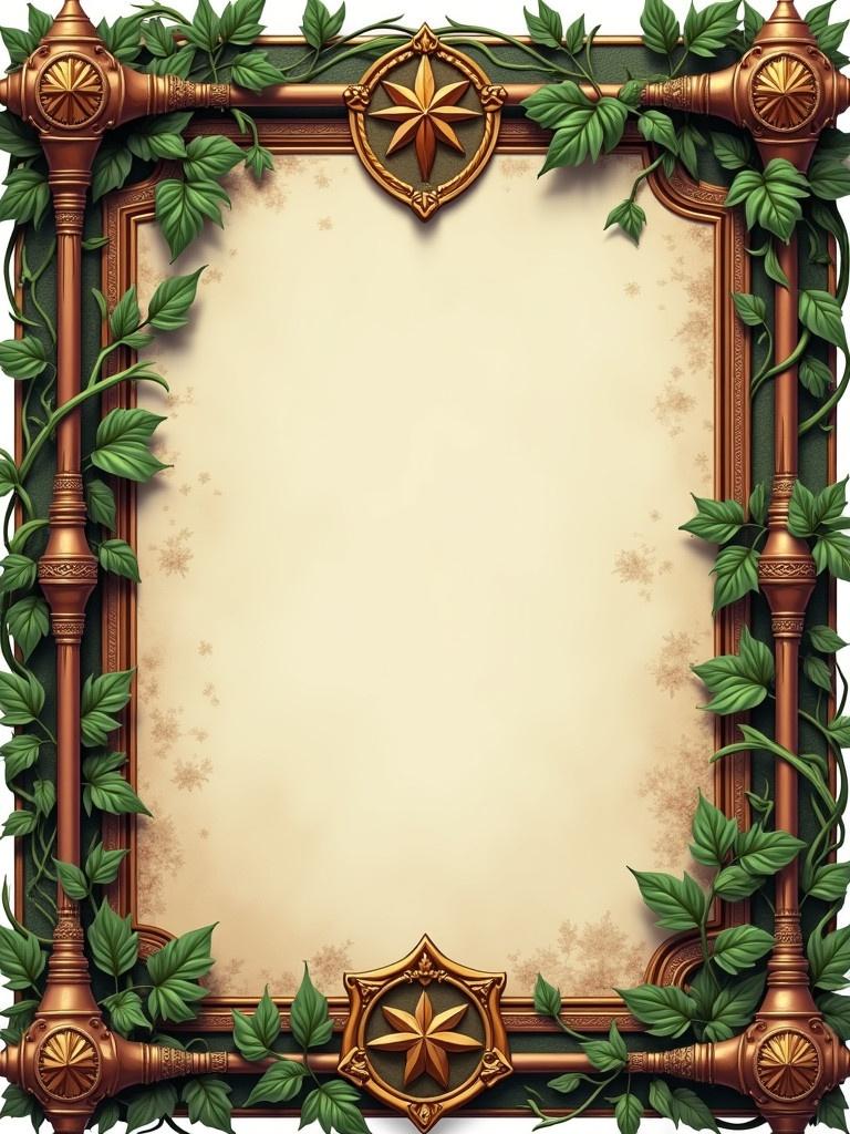 Decorative frame for a board game card. Vines and leaves embellish an ornate border. Copper pipes featured with elaborate designs. Alchemist elements depicted artistically.