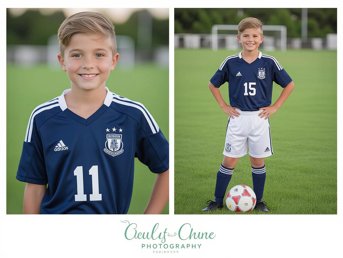 8-year-old boy wearing navy blue soccer uniform with number 15. Photograph taken in a soccer field setting. The boy stands confidently holding a soccer ball. Background features blurred goalposts and green field.