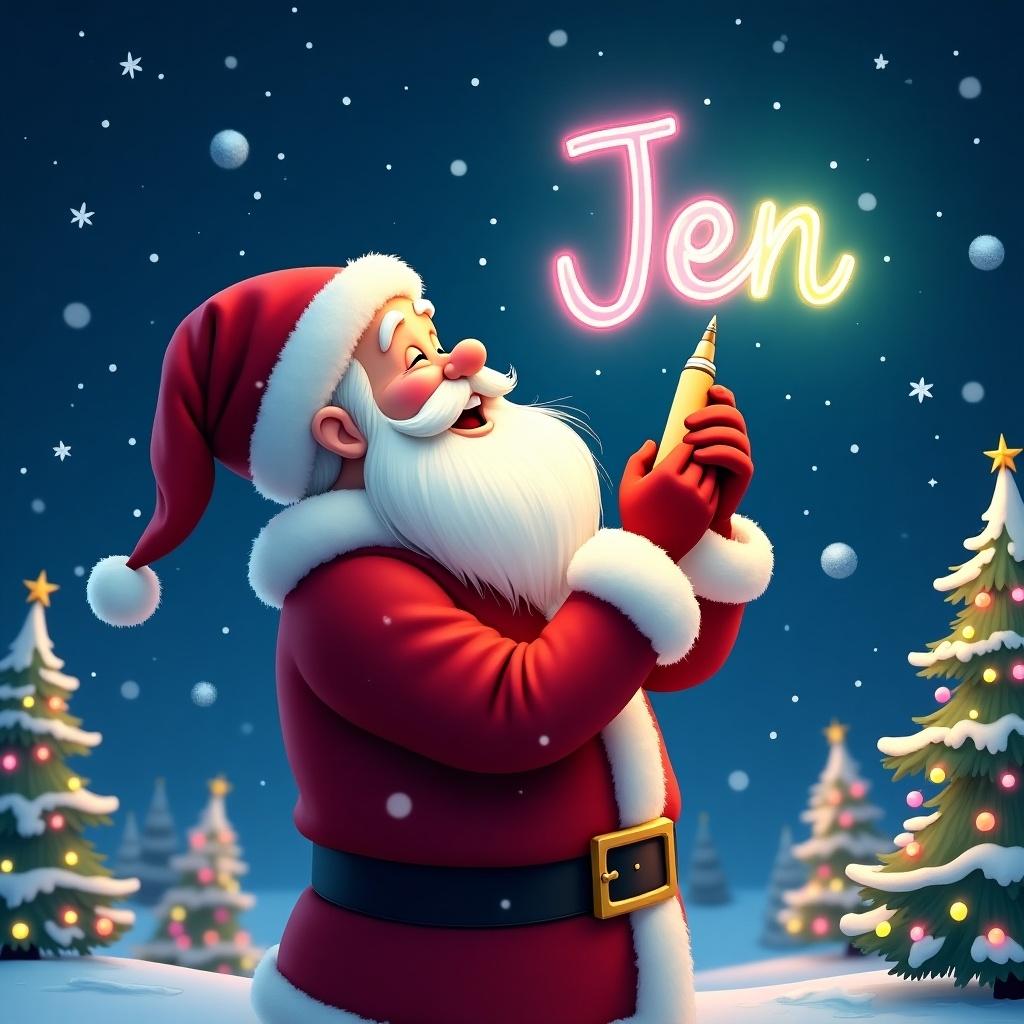 Christmas theme with Santa Claus. Santa joyfully writing name Jen in sky with glow pen. Sparkling snowflakes and twinkling Christmas trees. Traditional red suit and white beard. Magical winter night scene with holiday cheer.