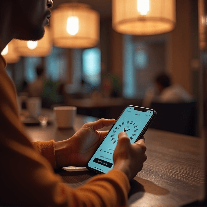A person in a cozy setting looks at a clock app on their phone.