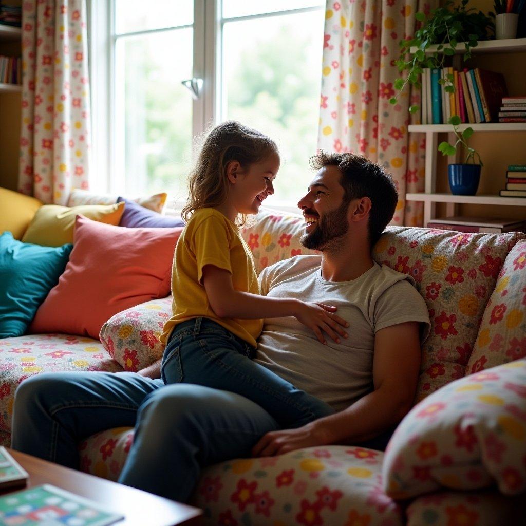 A father and daughter sharing a joyful moment in a cozy living room. Brightly colored floral couch. Warm natural light from the window. Happy expressions.