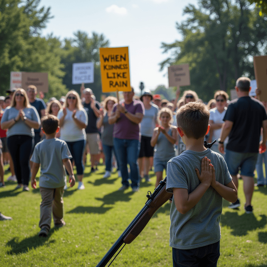 A young boy with a rifle stands before a peaceful crowd holding signs promoting kindness.