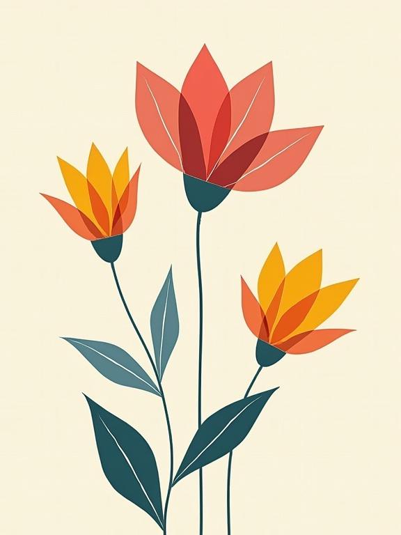 Geometric style floral design showcasing three flowers. Use line art and minimalist graphics. Colors include red, orange, and yellow. Capture spring's vibrancy and rejuvenation through geometric shapes.