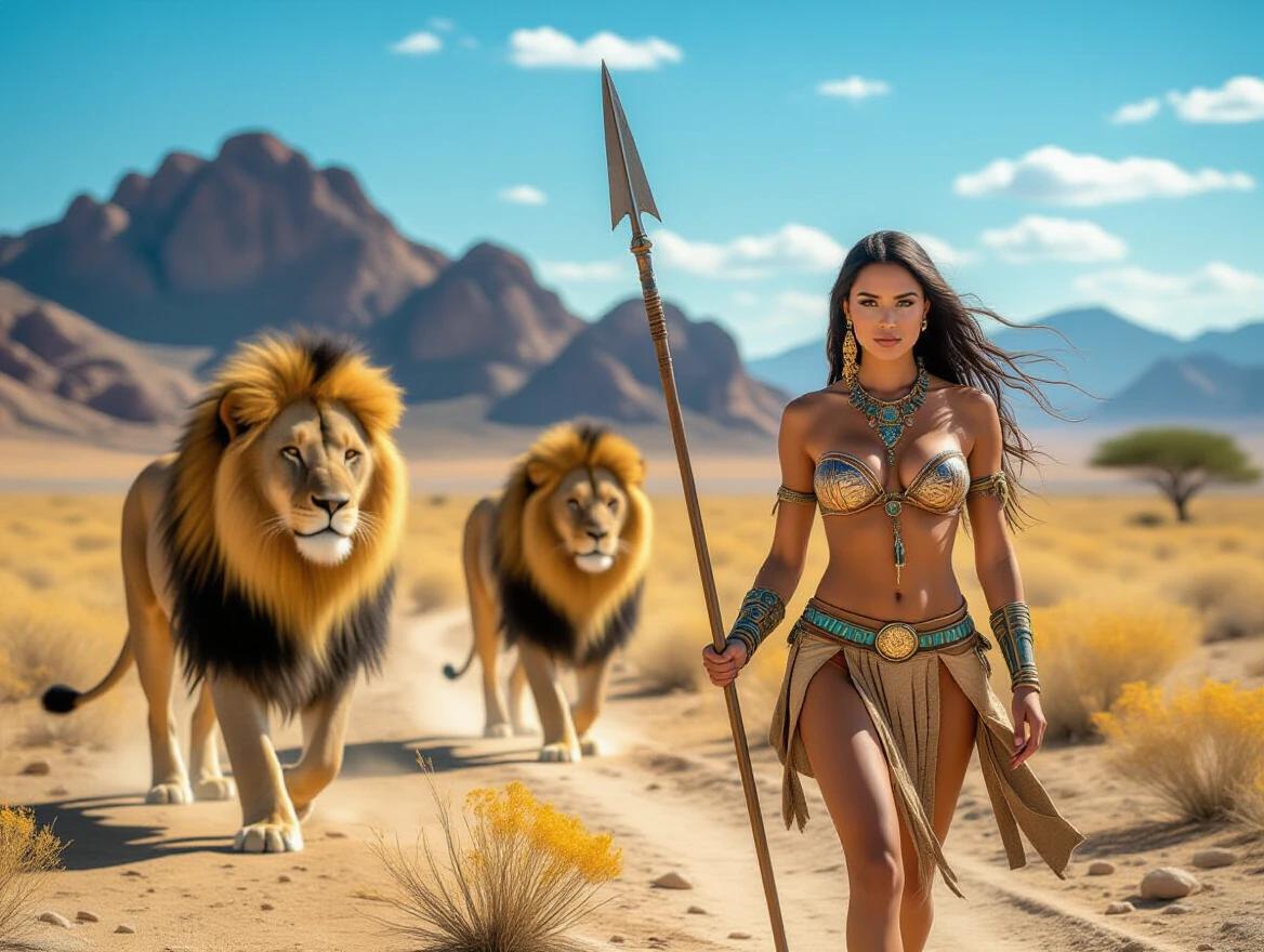 A strong warrior woman in a bikini with a spear walks confidently through a desert landscape. Two majestic lions accompany her. The sky is bright blue. Large flowers and distant mountains create an epic background.