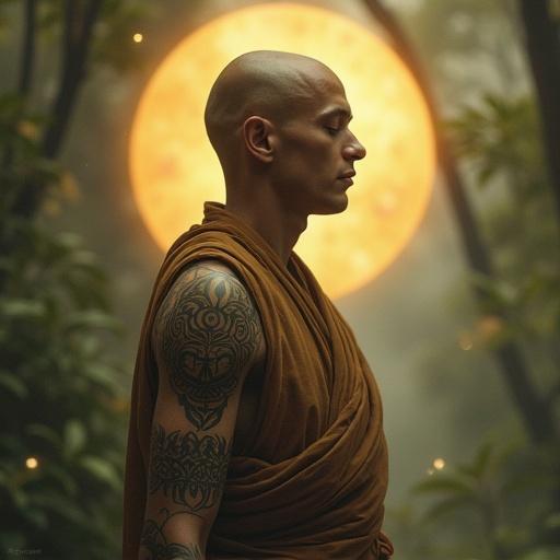 A serene monk in profile view with closed eyes and a glowing third eye on the forehead. Simple flowing robes in natural earth tones. Tribal tattoos wrap around the arms and shoulders with ancient designs. Monk's face is calm without sharp features. Energy conveyed through posture and light. Background features a mystical jungle aura with sacred geometry and glowing leaves. Warm lighting creates a golden glow from the third eye. Circular composition with spiritual atmosphere. Ethereal and symbolic style inspired by tribal and Buddhist art.