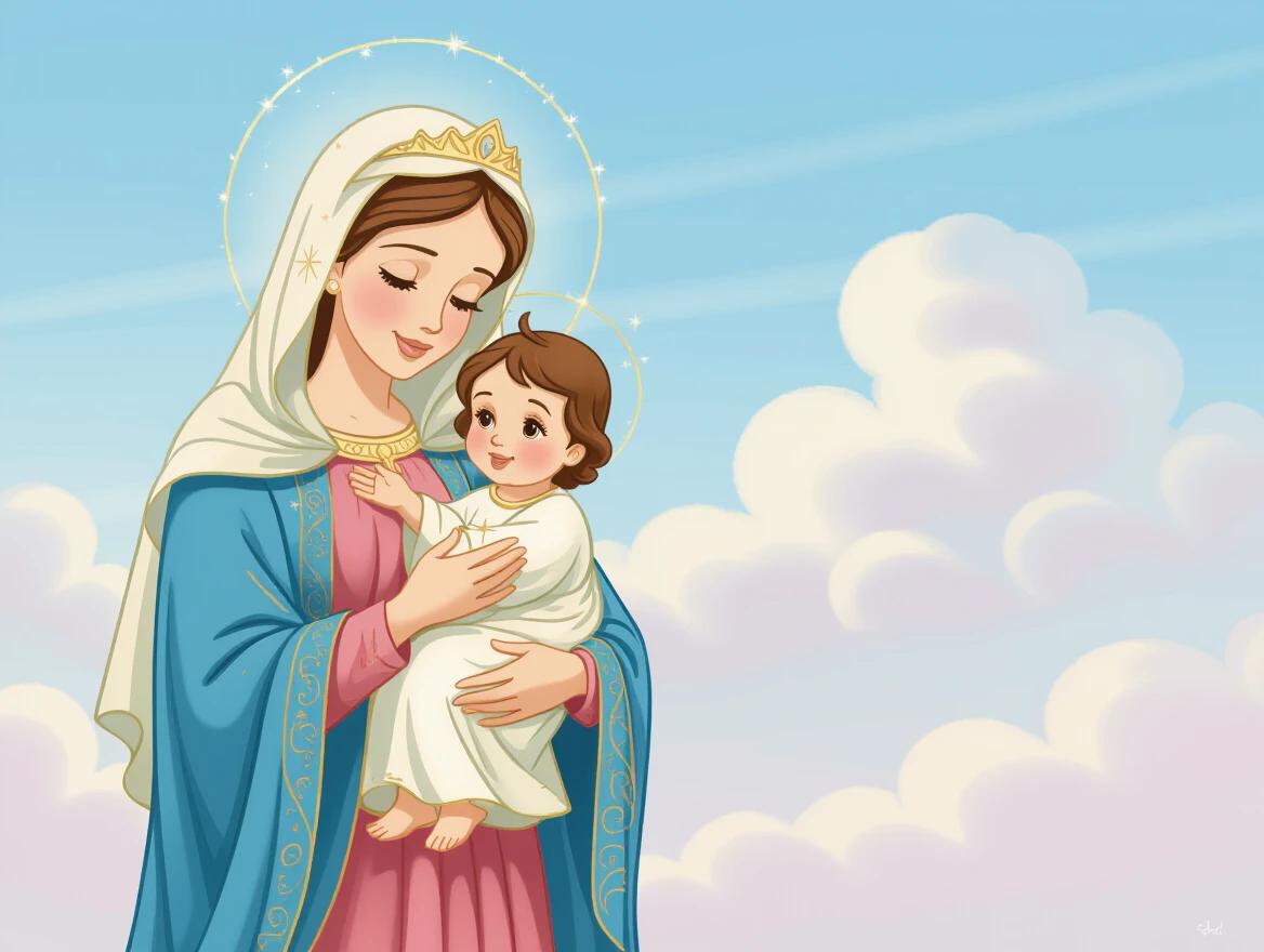 Virgin Mary holds baby Jesus in a Disney princess style. Gentle sky background with clouds.