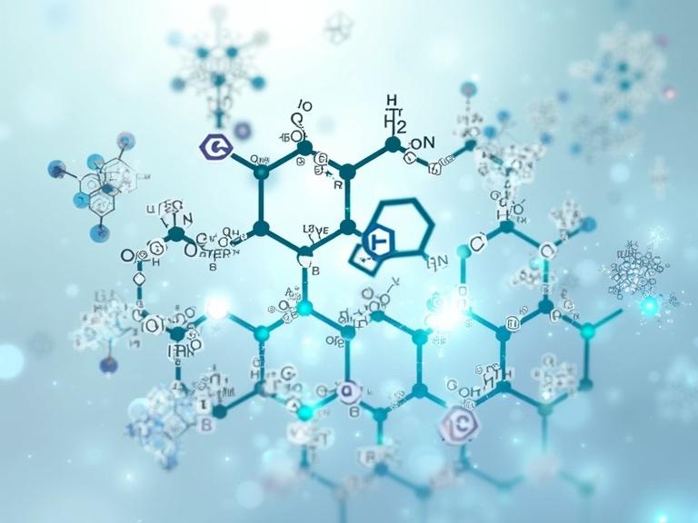 Scientific illustration features the chemical structure of H2O prominently in the center with cyanide functional groups emerging from the background. A specific quinoxaline derivative is highlighted symbolizing its ability for air-processable n-type semiconductors. Surrounding elements represent enhanced self-assembly, high electrical conductivity, and thermoelectric performance. Clean, modern style with blue and green color accents. Light background suggests a scientific professional tone.