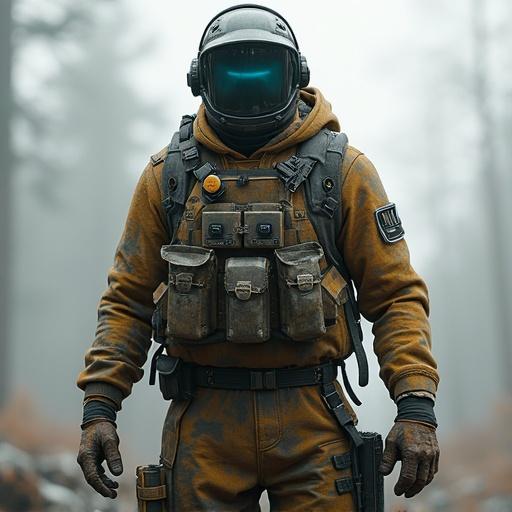 Post-apocalyptic survivor character in full gear is standing in T-pose. Character features helmet and tactical equipment displaying attention to detail. Image captured in 4k resolution. Front view shows all body elements clearly with a misty background setting.