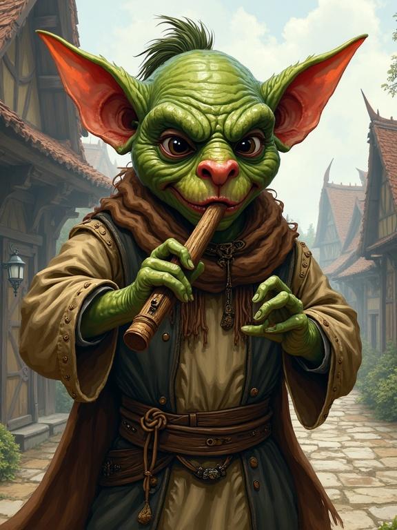 Goblin bard dances with wooden flute. Village background features traditional buildings. Bold outlines highlight the face without shadows. Fantasy illustration style inspired by D&D. Bright and vivid colors used throughout the image.