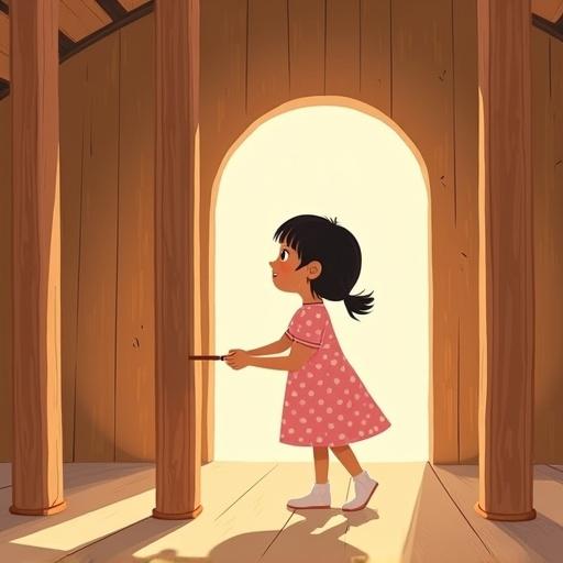 Flat style children's illustration of a girl in a wooden house. Warm and symbolic mood. The house is bright and glowing with restored wooden pillars. A young girl joyfully explores, barefoot on the smooth floor, touching the walls with wonder. She stops at the third pillar, gently pulling it with an intrigued expression. Soft shadows and warm tones fill the atmosphere.