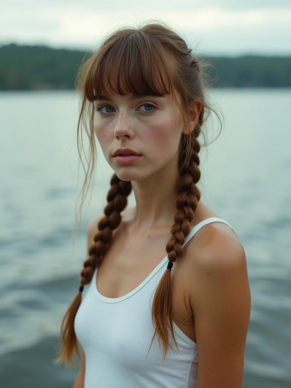 35mm film-style portrait of young woman by water. Striking face, high cheekbones, chestnut hair in braids. Calm expression, light outfit. Soft, natural lighting with overcast sky. Dreamy and melancholic atmosphere. Inspiration from Lina Scheynius and Henrik Purienne.