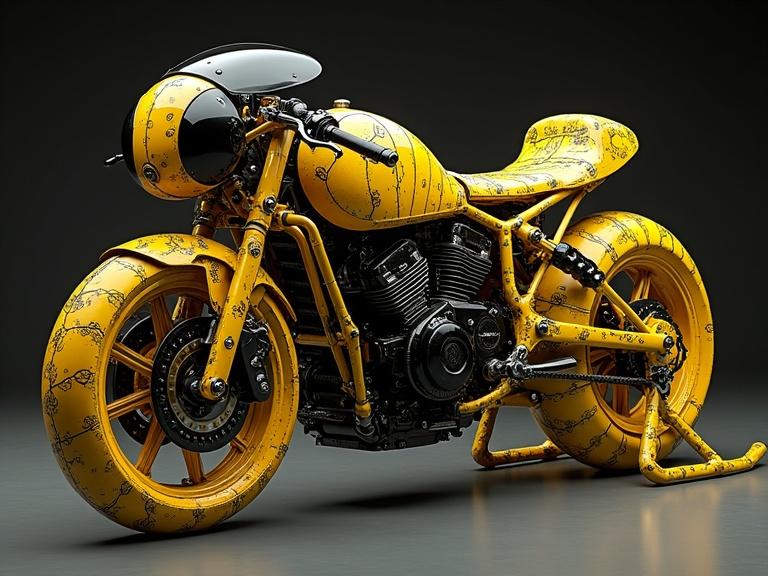 A motorcycle colored in yellow and black with wasp-like patterns. Surrealism influences combine with biomechanical designs. Detailed and high-quality creation in 8k resolution.