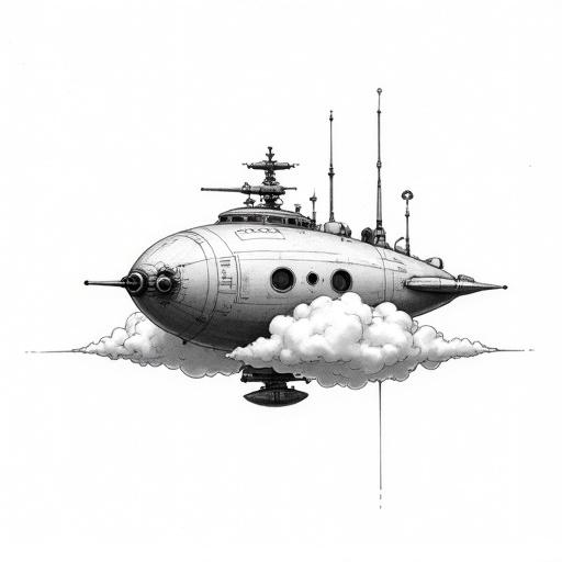 Black and white line drawing of an imaginative spaceship. Wide bulbous main body resembling a submersible or dirigible with large cockpit windows. Turret with a cannon on top. Various antennas, pipes, and small thrusters attached. Flying above cottony clouds. Small landing legs deployed below. Clear line style with detailed hatching shading.