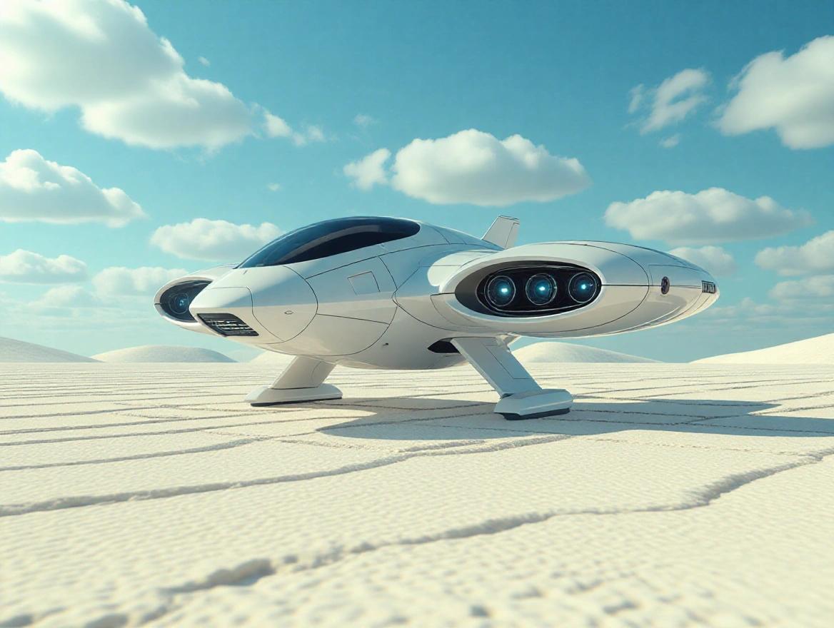 Cinematic small light grey sleek specular sci-fi military hover drone in a white desert under a blue sky with clouds. Realism in details and textures with high resolution and shadows.