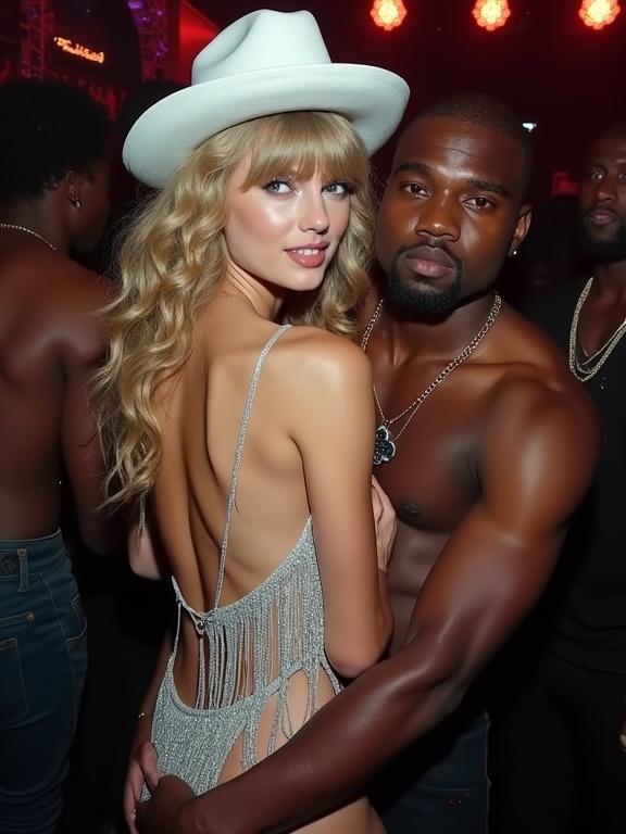 Taylor Swift and rapper at a nightclub. Taylor has curly blonde hair, sparkly silver dress, cowboy hat, cowboy boots. Couple in close embrace. Energetic atmosphere with vibrant lights.